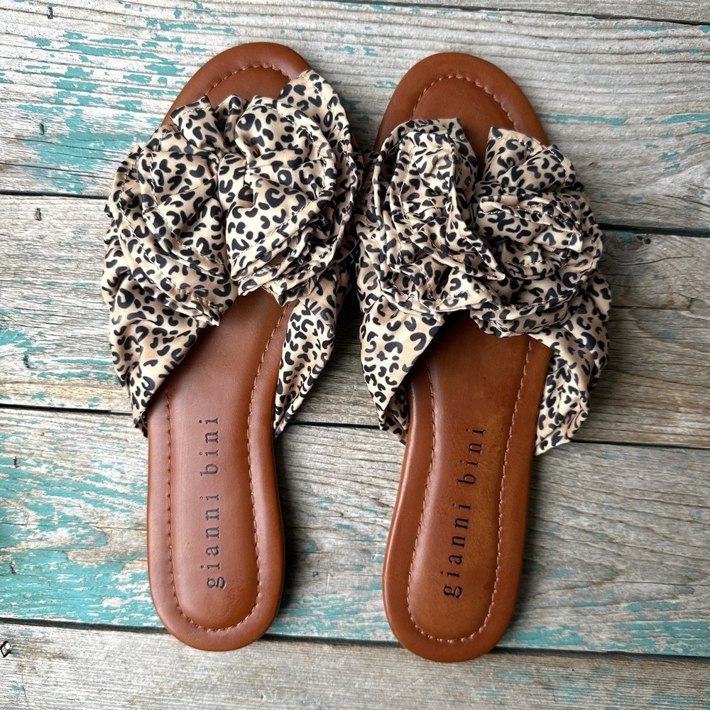 Gianni Bini Leopard Print Ruffle Slide Sandals Rosette Bow Flat Mules Womens 10M